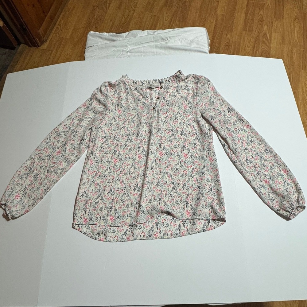 LOFT Outlet Floral Ruffle Neck Long Sleeve Blouse White Pink XS